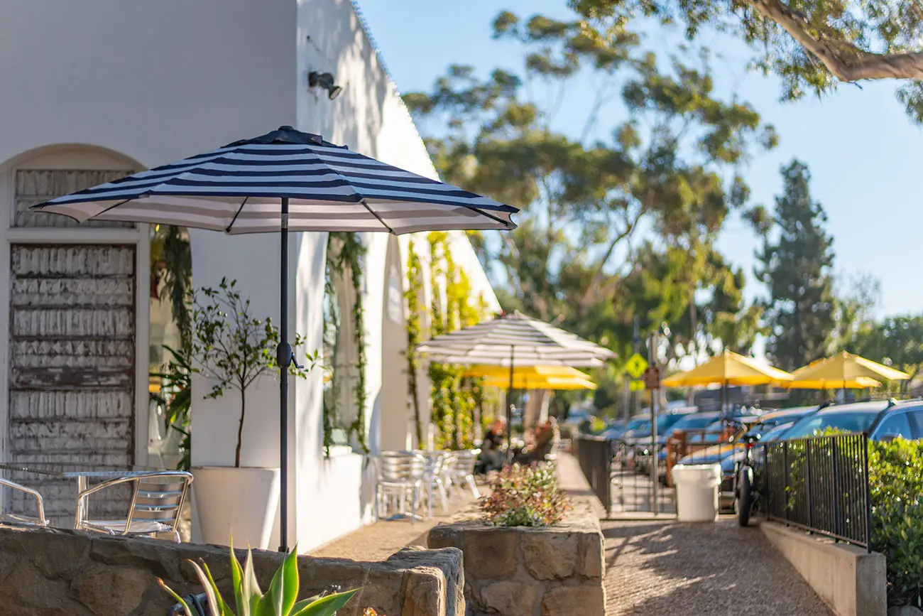outdoor seating with umbrellas at a california restaurant